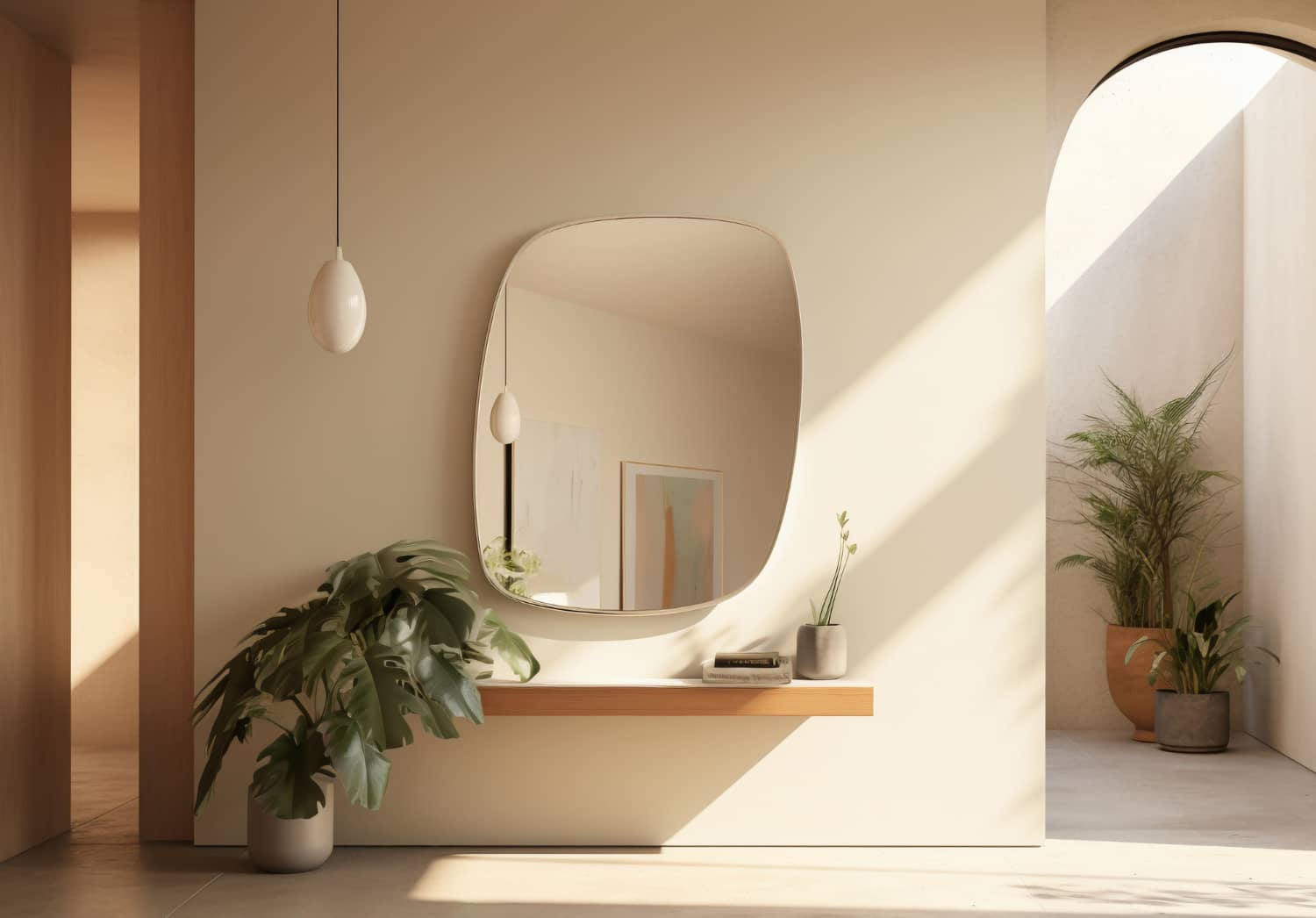 Shaped Mirror , white wall , plant , futurist design home decoration